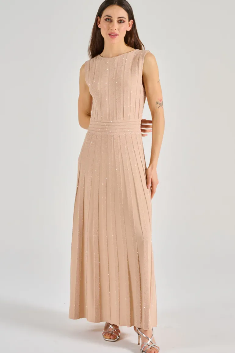 Abito lungo incrociato cristalli tessuto rosa