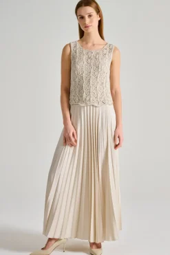 Abito pizzo cristalli plissè beige