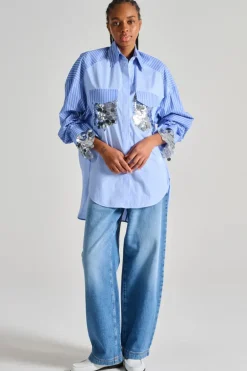 Camicia dettagli paillettes azzurro