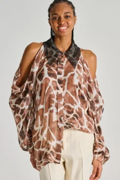 Camicia maxi sleeves tessuto animalier marrone