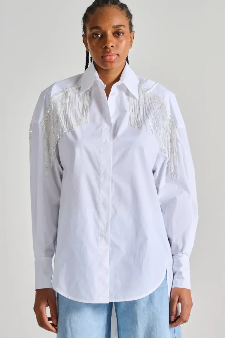 Camicia over shirt paillettes frange bianco