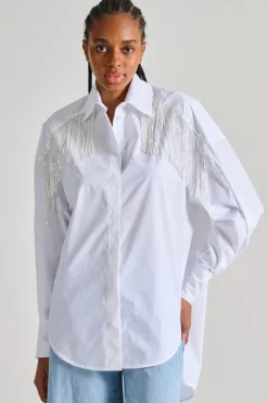 Camicia over shirt paillettes frange bianco