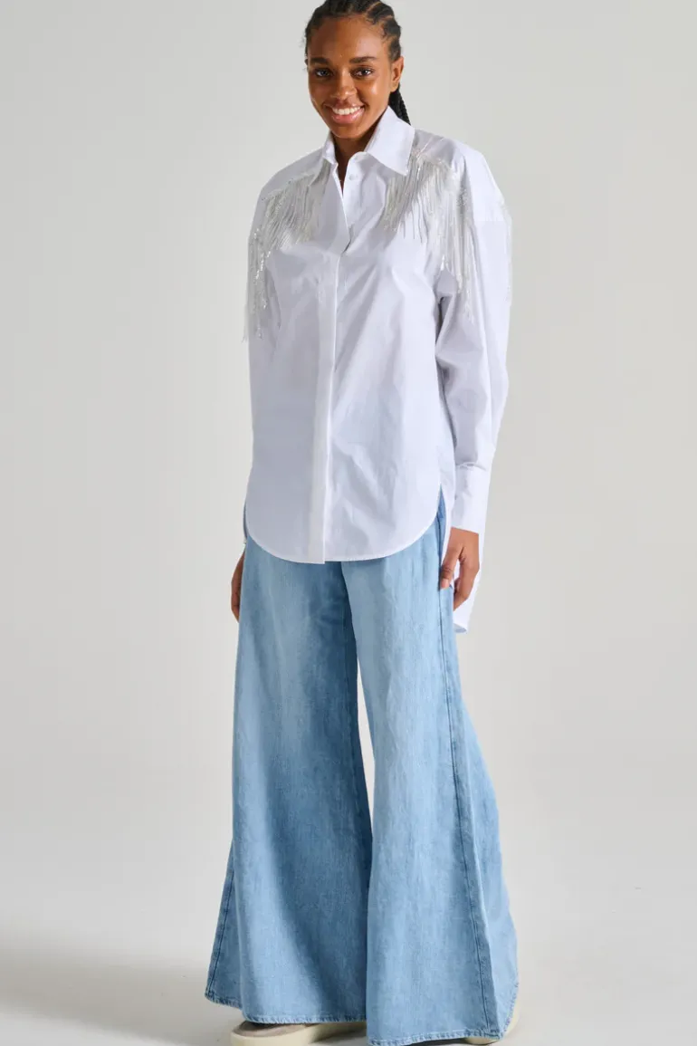 Camicia over shirt paillettes frange bianco