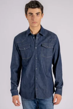 Camicia texano 98% cotone 2% elastam blu