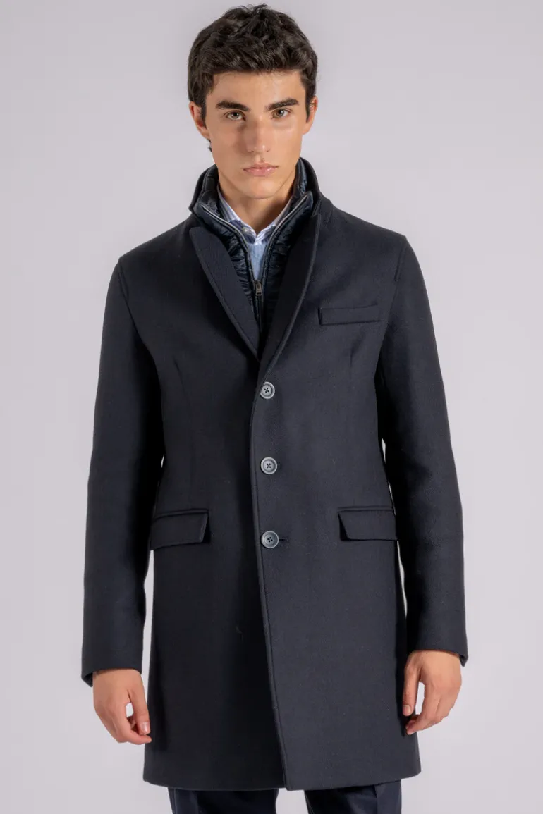 Cappotto in lana con pettorina blu