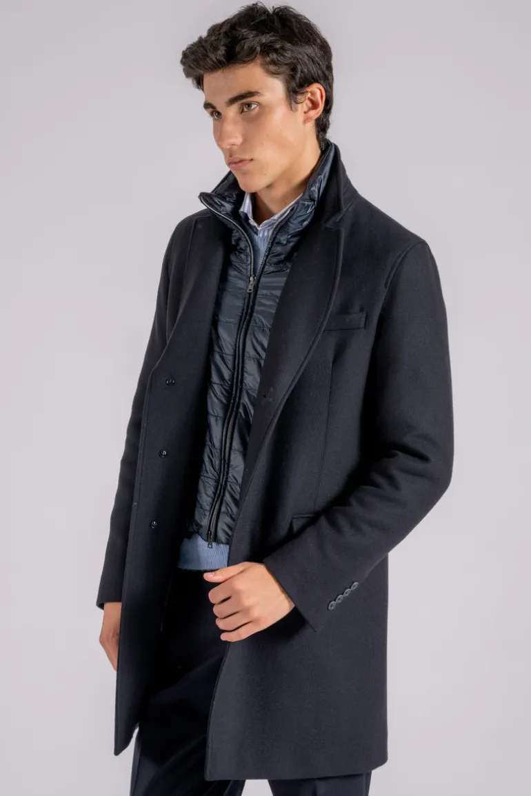 Cappotto in lana con pettorina blu