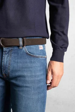 Cintura nobuckle suede in camoscio e tessuto marrone uomo