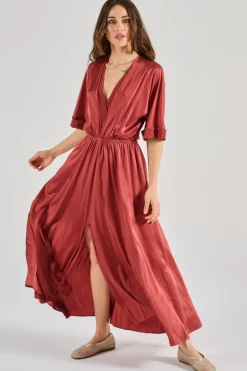 Forte forte abito satinato setificato maniche corte marrone