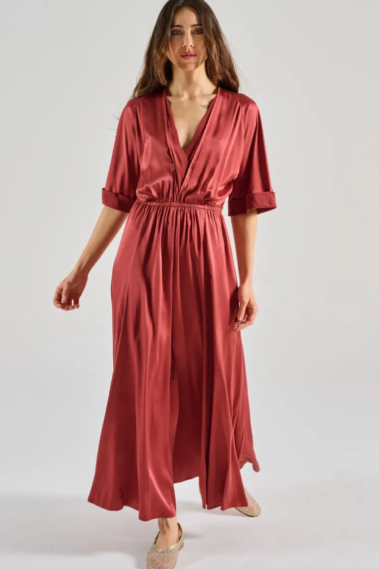 Forte forte abito satinato setificato maniche corte marrone