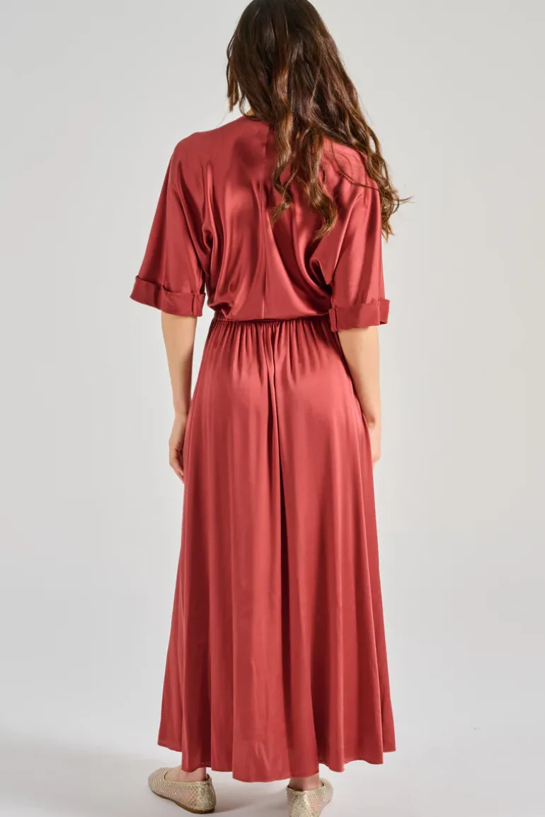 Forte forte abito satinato setificato maniche corte marrone