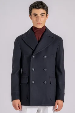 Giaccone blu in lana vergine, poliammide e cashmere