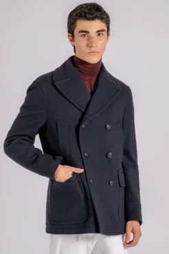 Giaccone blu in lana vergine, poliammide e cashmere