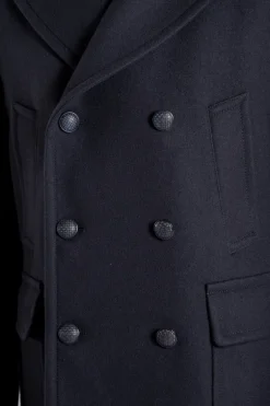 Giaccone blu in lana vergine, poliammide e cashmere