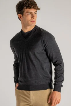 Maglia collo a v royal merino grigio
