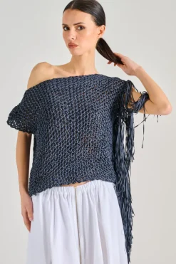 Maglia con frange tessuto nero