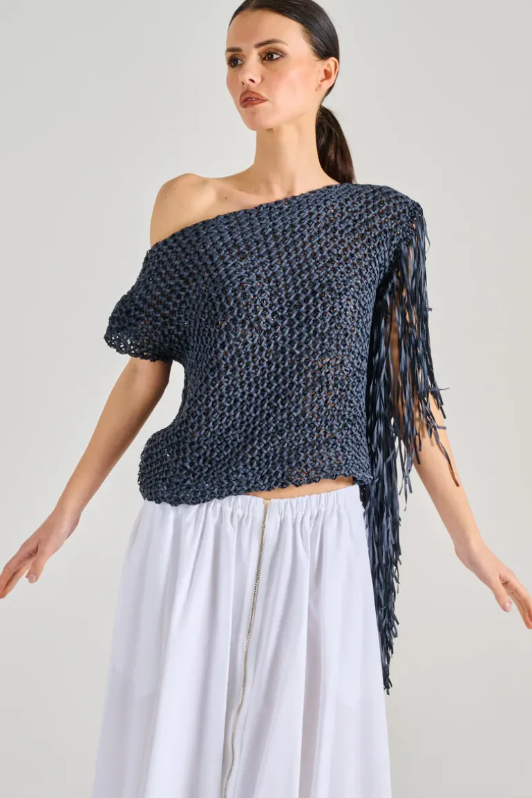 Maglia con frange tessuto nero