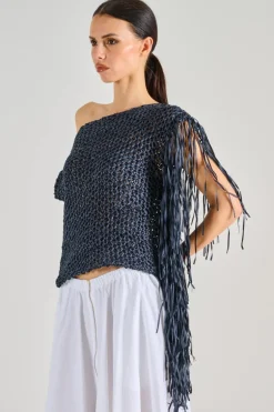 Maglia con frange tessuto nero