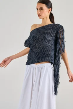 Maglia con frange tessuto nero