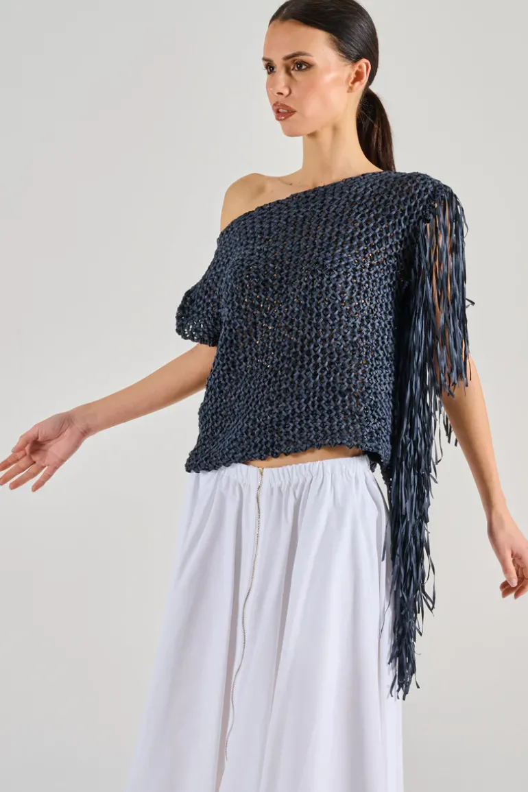 Maglia con frange tessuto nero