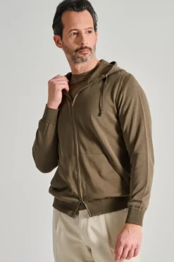 Maglia full zip cappuccio cotone verde
