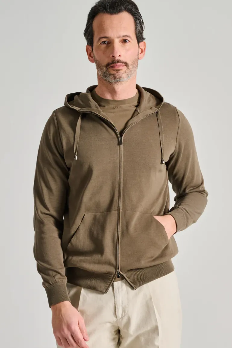 Maglia full zip cappuccio cotone verde