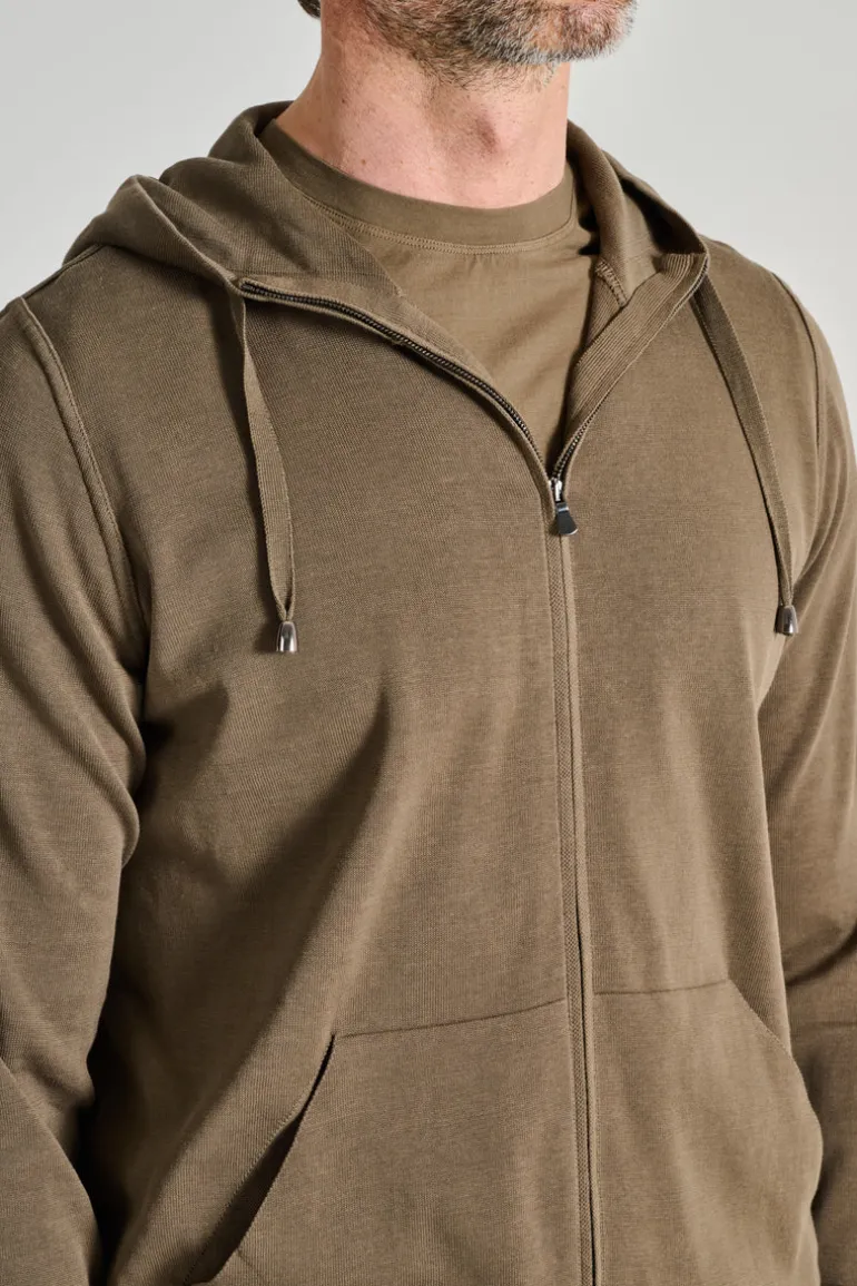 Maglia full zip cappuccio cotone verde