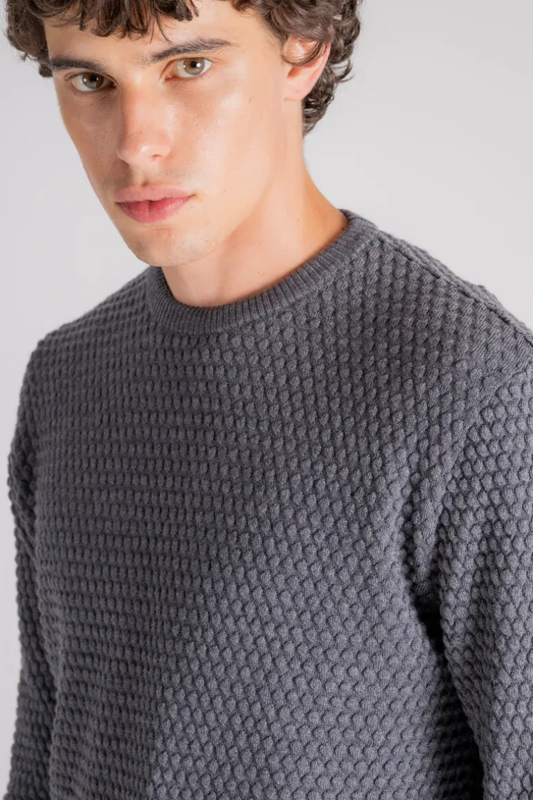 Maglia girocollo lavorata 100% lana merino grigio