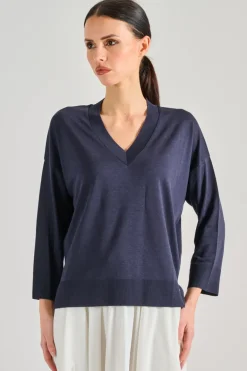 Maglia scollo a v tessuto blu