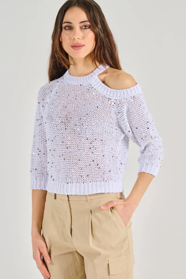 Maglia tricot maxi paillettes bianco