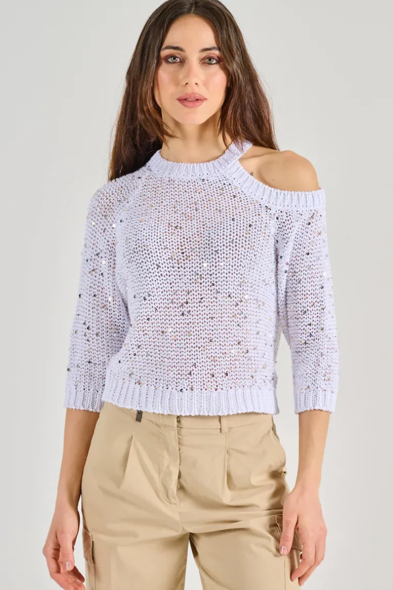 Maglia tricot maxi paillettes bianco