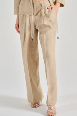 Pantaloni tela di lino effetto delavé beige