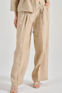 Pantaloni tela di lino effetto delavé beige