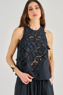 Top en fleur popeline di cotone nero