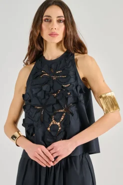 Top en fleur popeline di cotone nero