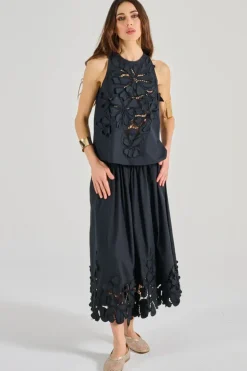 Top en fleur popeline di cotone nero