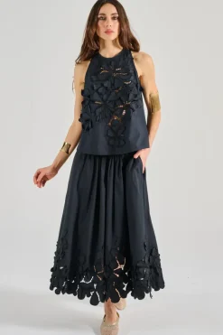 Top en fleur popeline di cotone nero