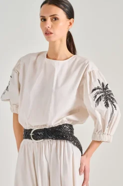 T-shirt ricamo palme cotone bianco