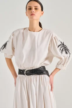 T-shirt ricamo palme cotone bianco