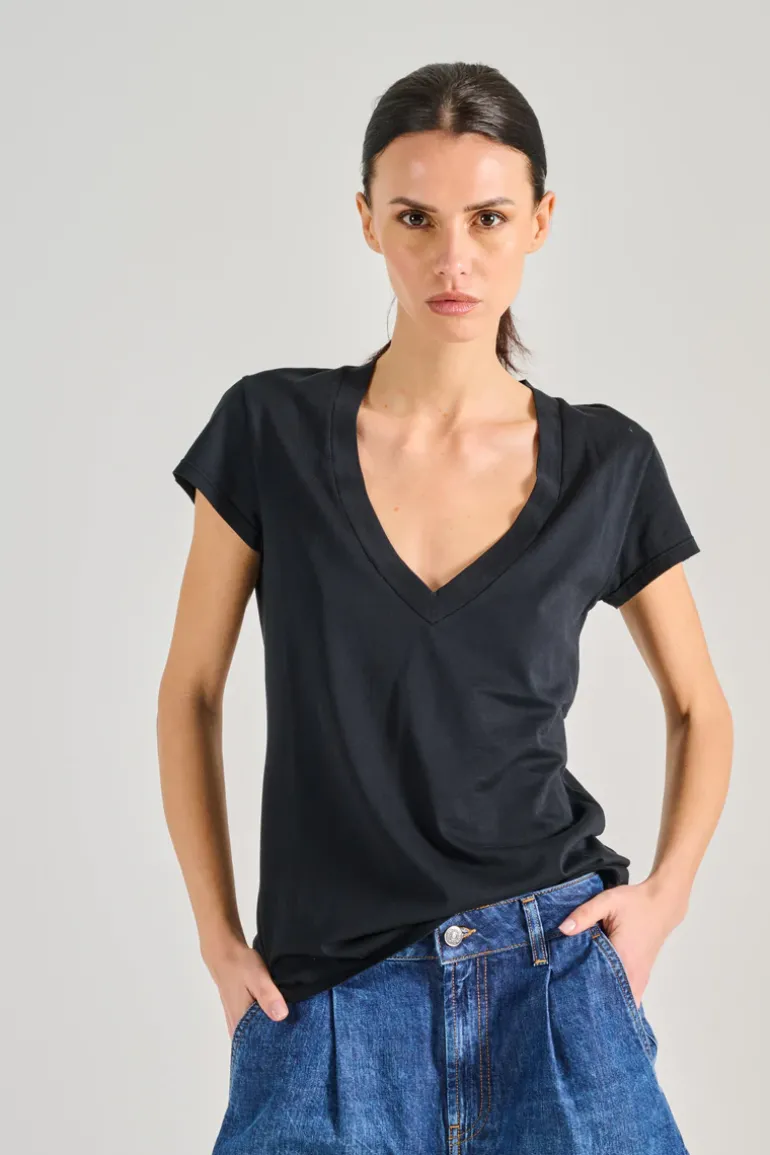 T-shirt scollo a v cotone nero