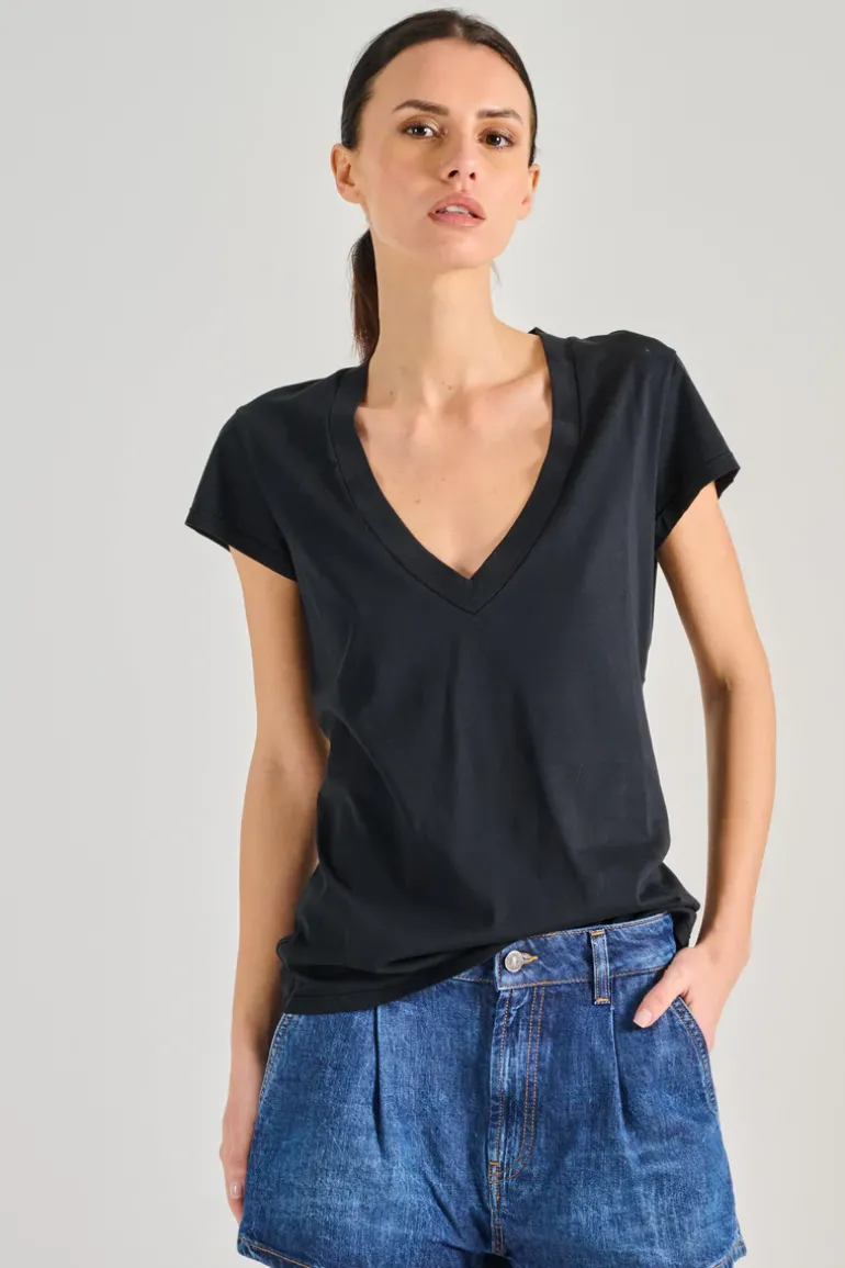 T-shirt scollo a v cotone nero