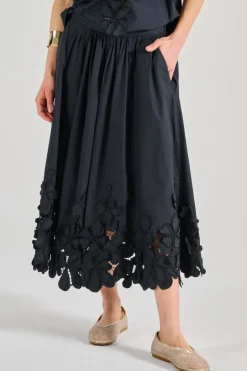 Gonna en fleur cotone popelini nero