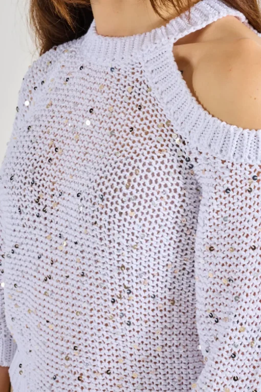 Maglia tricot maxi paillettes bianco
