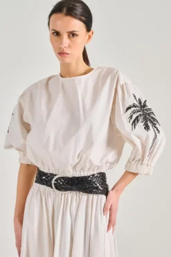 T-shirt ricamo palme cotone bianco